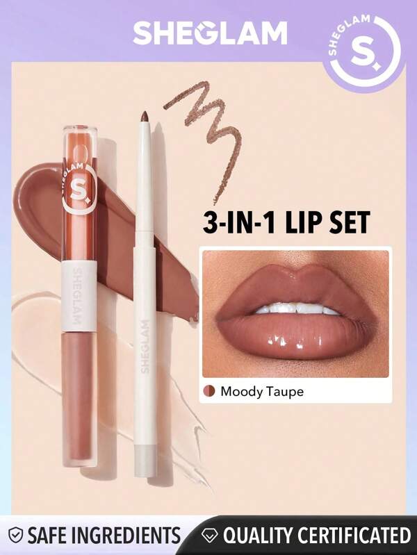 SHEGLAM Soft 90'S Glam Lip Liner And Lip Duo SetMoody Taupe Lip Set 3
