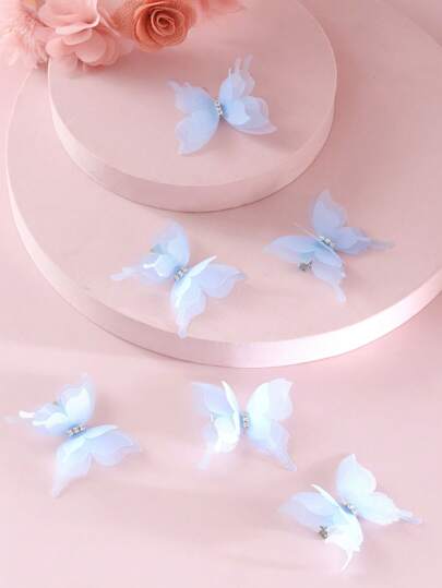 6入組小女童水鑽和蝴蝶裝飾時尚鴨嘴夾適用於頭髮裝飾用品