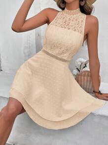 SHEIN Frenchy Đầm Tương phản ren phân lớp Dây kéo màu trơn Boho - Màu be - Xem 6