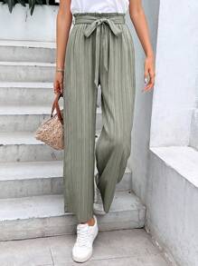 SHEIN Frenchy Quần nữ Thắt lưng Quần paper-bag màu trơn Giải trí - xanh quân đội - Xem 5