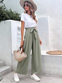 SHEIN Frenchy Quần nữ Thắt lưng Quần paper-bag màu trơn Giải trí - xanh quân đội - Xem 4