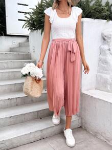 SHEIN Frenchy 荷葉邊T恤和腰帶百褶長褲 - 彩色 - 查看 5