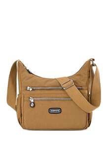 Medium Hobo Bag Letter Patch Zipper Front Decor Dây đeo có thể điều chỉnh cho hàng ngày - Màu be - Xem 1