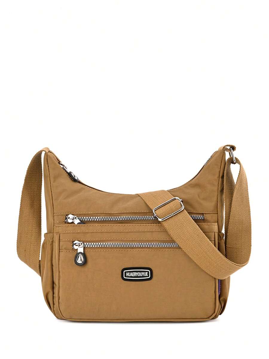 Medium Hobo Bag Letter Patch Zipper Front Decor Dây đeo có thể điều chỉnh cho hàng ngày - Màu be - Xem 1