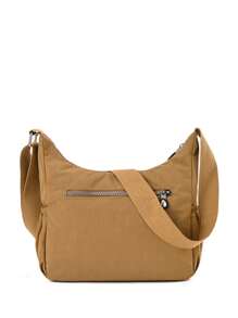 Medium Hobo Bag Letter Patch Zipper Front Decor Dây đeo có thể điều chỉnh cho hàng ngày - Màu be - Xem 2