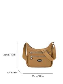 Medium Hobo Bag Letter Patch Zipper Front Decor Dây đeo có thể điều chỉnh cho hàng ngày - Màu be - Xem 3