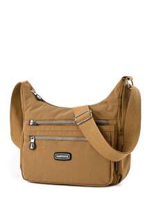 Medium Hobo Bag Letter Patch Zipper Front Decor Dây đeo có thể điều chỉnh cho hàng ngày - Màu be - Xem 5