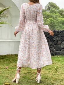 SHEIN Holidaya Ditsy Floral Print Sweetheart Neck Ruched Bust Lantern Sleeve Dress - Multicolor - View 2