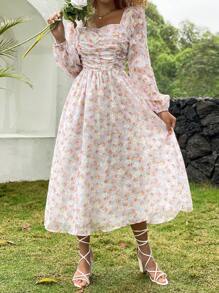 SHEIN Holidaya Ditsy Floral Print Sweetheart Neck Ruched Bust Lantern Sleeve Dress - Multicolor - View 5