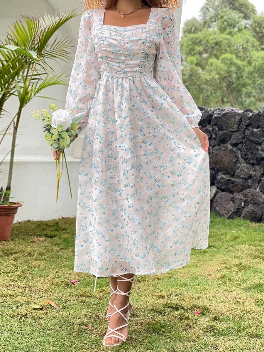 SHEIN VCAY 碎花前收褶燈籠袖連衣裙 - 彩色 - 查看 1