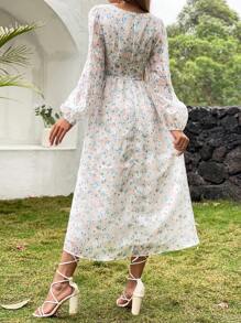 SHEIN VCAY 碎花前收褶燈籠袖連衣裙 - 彩色 - 查看 2