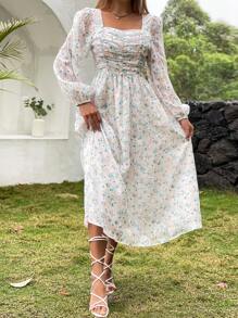 SHEIN VCAY 碎花前收褶燈籠袖連衣裙 - 彩色 - 查看 4