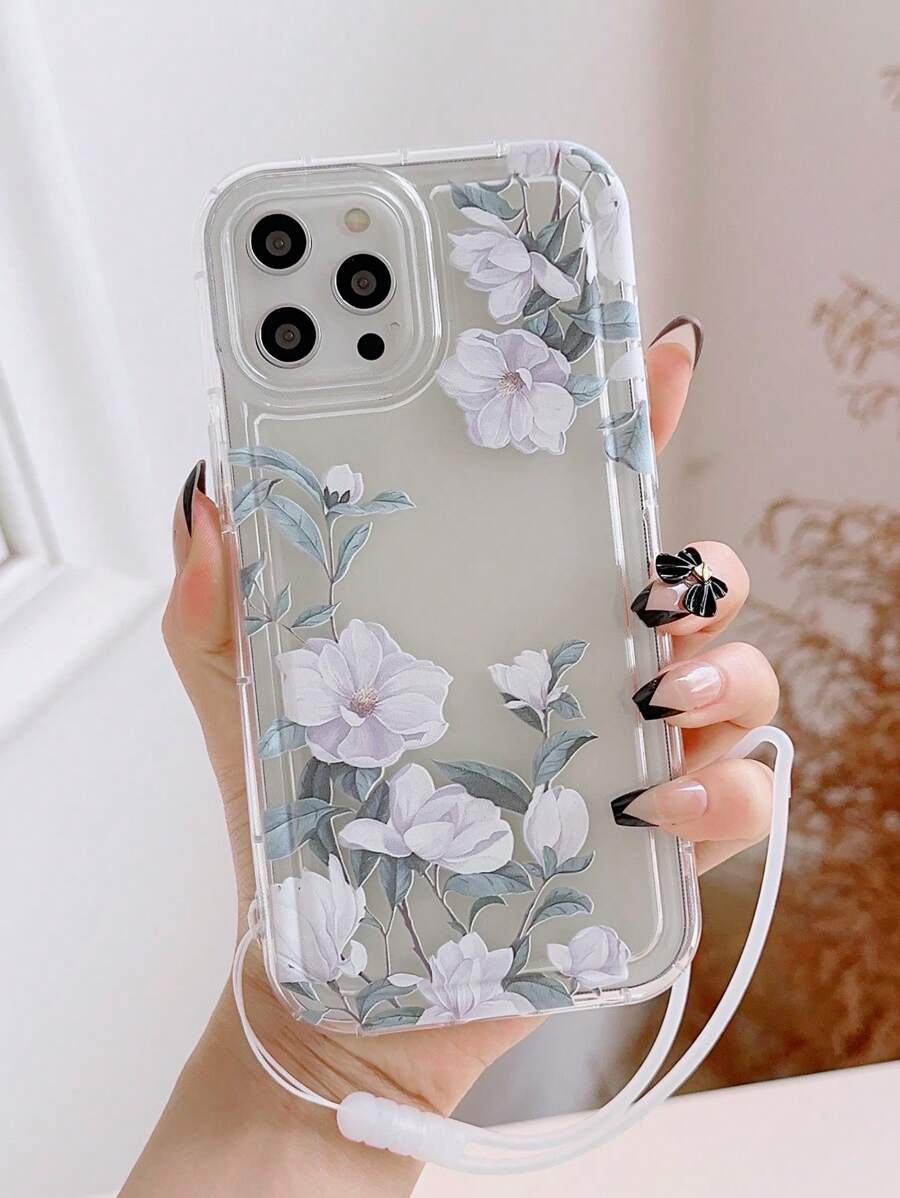 Floral Print Clear Phone Case With Lanyard - Multicolor - View 1