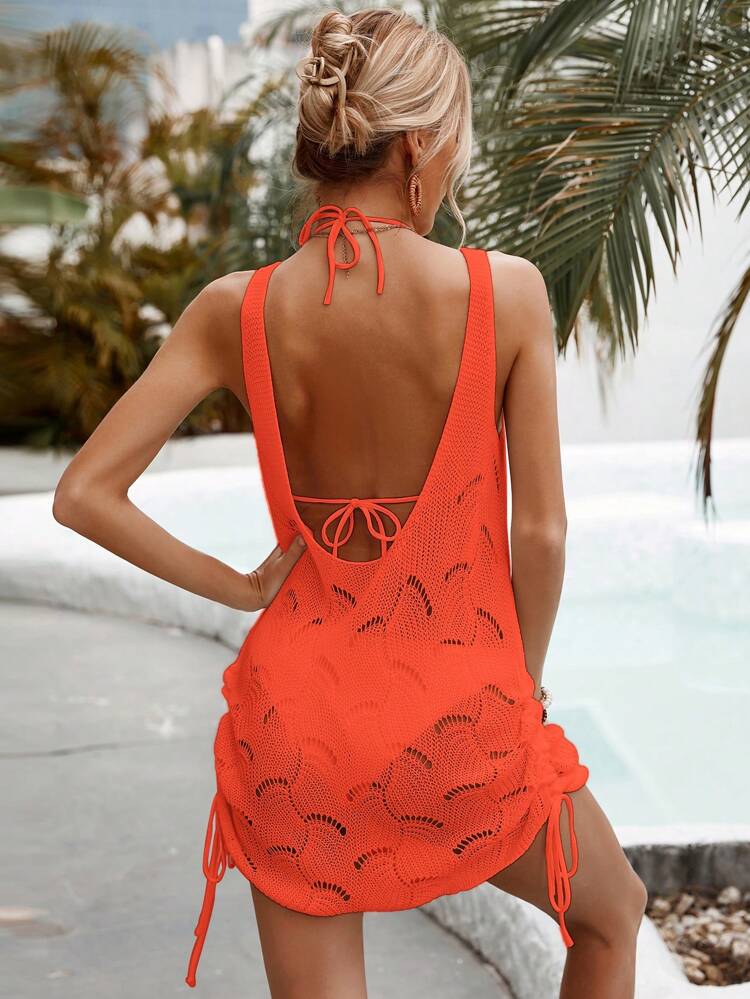 Summer Beach Hollow Out Drawstring Side Cover Up Dress Without Bikini