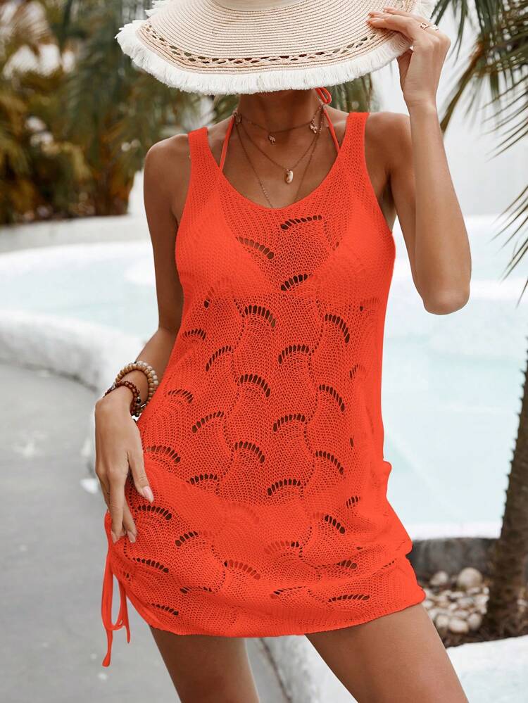 Summer Beach Hollow Out Drawstring Side Cover Up Dress Without Bikini