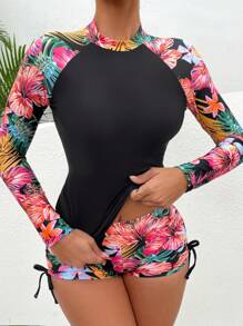 SHEIN Swim Tropical Print High Neck Drawstring Side Rashguard With Long Sleeve Swim Shirt Summer Beach - Black - View 1