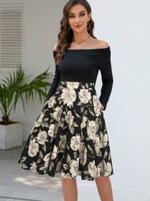Floral Print Off Shoulder Dress - Multicolor - View 1