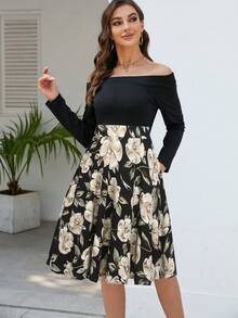Floral Print Off Shoulder Dress - Multicolor - View 3