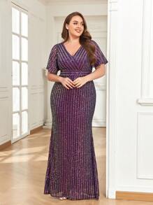 V-Neck Butterfly Sleeve Sequin Mermaid Formal Dress - Purple - View 6