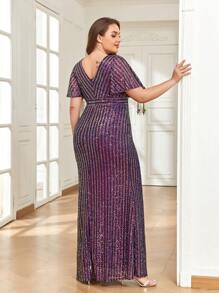 V-Neck Butterfly Sleeve Sequin Mermaid Formal Dress - Purple - View 7