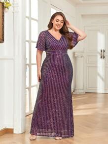 V-Neck Butterfly Sleeve Sequin Mermaid Formal Dress - Purple - View 8