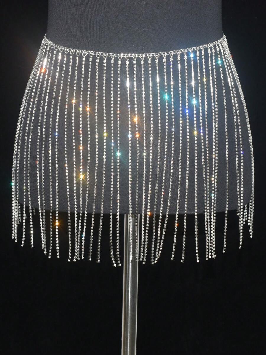 Y2K 1入組女式水鑽流蘇裝飾迷人鏈條腰帶適合禮服裝飾或派對造型 - 銀色 - 查看 1