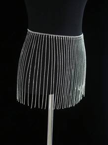 Y2K 1入組女式水鑽流蘇裝飾迷人鏈條腰帶適合禮服裝飾或派對造型 - 銀色 - 查看 3