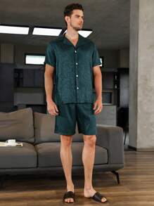 Hombres jacquard de satén Camisa & Shorts Conjunto de pijama - Verde Oscuro - Ver 4