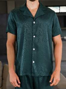 Hombres jacquard de satén Camisa & Shorts Conjunto de pijama - Verde Oscuro - Ver 5