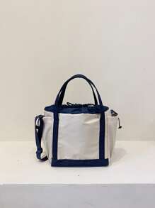 撞色方包星星圖案大容量抽繩附包飾適用於日常 - 藍色 - 查看 3