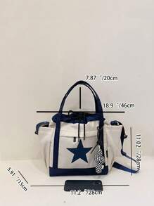 撞色方包星星圖案大容量抽繩附包飾適用於日常 - 藍色 - 查看 5