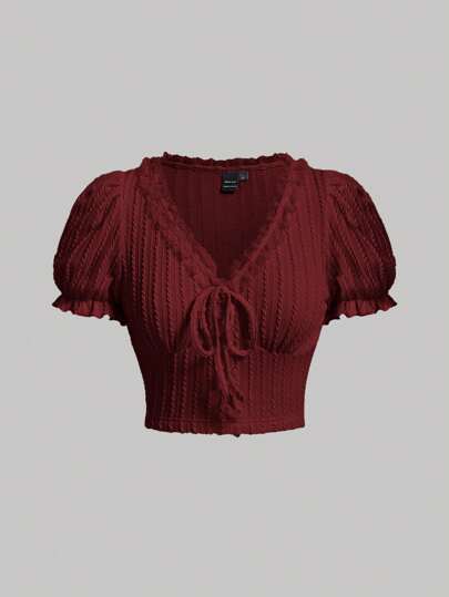SHEIN MOD Tie Front Frill Trim Puff Sleeve Crop Tee