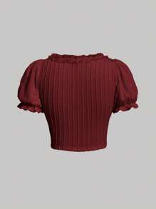 SHEIN MOD Camiseta crop con cordón delantero ribete fruncido de manga farol