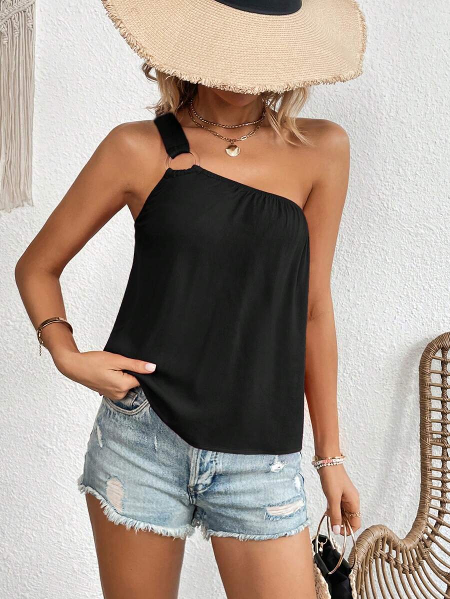 SHEIN VCAY Solid One Shoulder Ring Detail Top - Black - View 1