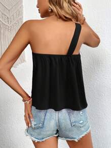 SHEIN VCAY Solid One Shoulder Ring Detail Top - Black - View 2