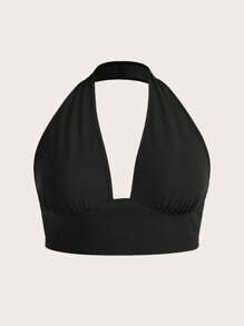 SHEIN Essnce Plus Solid Halter Top - Black - View 2