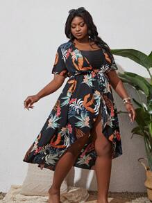 SHEIN Swim Curve Kimono con estampado tropical y nudo delantero, talla grande para vacaciones de verano en la playa - Negro - Ver 4