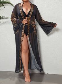 SHEIN Swim Curve Plus Graphic Print Contrast Tape Mesh Kimono, For Summer Beach Vacation - Black - View 1