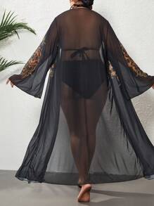 SHEIN Swim Curve Plus Graphic Print Contrast Tape Mesh Kimono, For Summer Beach Vacation - Black - View 2