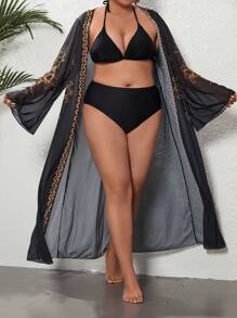 SHEIN Swim Curve Plus Graphic Print Contrast Tape Mesh Kimono, For Summer Beach Vacation - Black - View 5