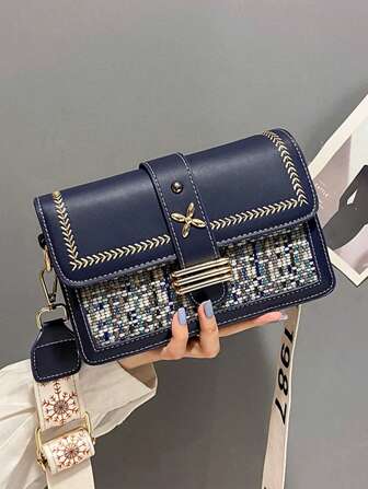 PINCNEL Elegante Bolso De Hombro Cruzado Bordado A Mano, Acolchado En Tonos De Color Azul Marino