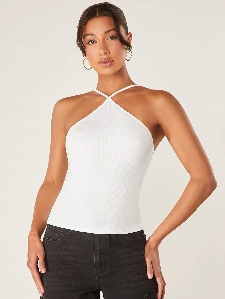 SHEIN BASICS Blusa De Punto Acanalado Sin Mangas Con Cuello Halter - Blanco - Ver 1