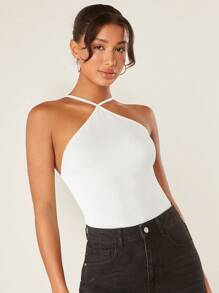 SHEIN BASICS Blusa De Punto Acanalado Sin Mangas Con Cuello Halter - Blanco - Ver 3