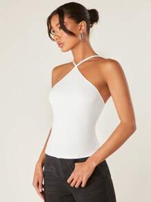 SHEIN BASICS Blusa De Punto Acanalado Sin Mangas Con Cuello Halter - Blanco - Ver 4