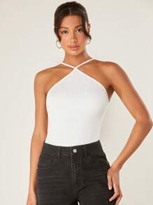 SHEIN BASICS Blusa De Punto Acanalado Sin Mangas Con Cuello Halter - Blanco - Ver 6