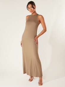 SHEIN BASICS 素色圓領背心連衣裙 - 摩卡棕 - 查看 5