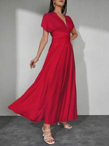 EURMUSE Vestido línea A maxi unicolor - Rojo - Ver 5