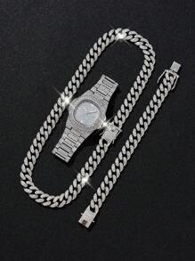 3入組女士手錶，閃閃發光的鋼帶石英手錶帶日期功能，合金手鍊和項鏈套裝，適合度假佩戴