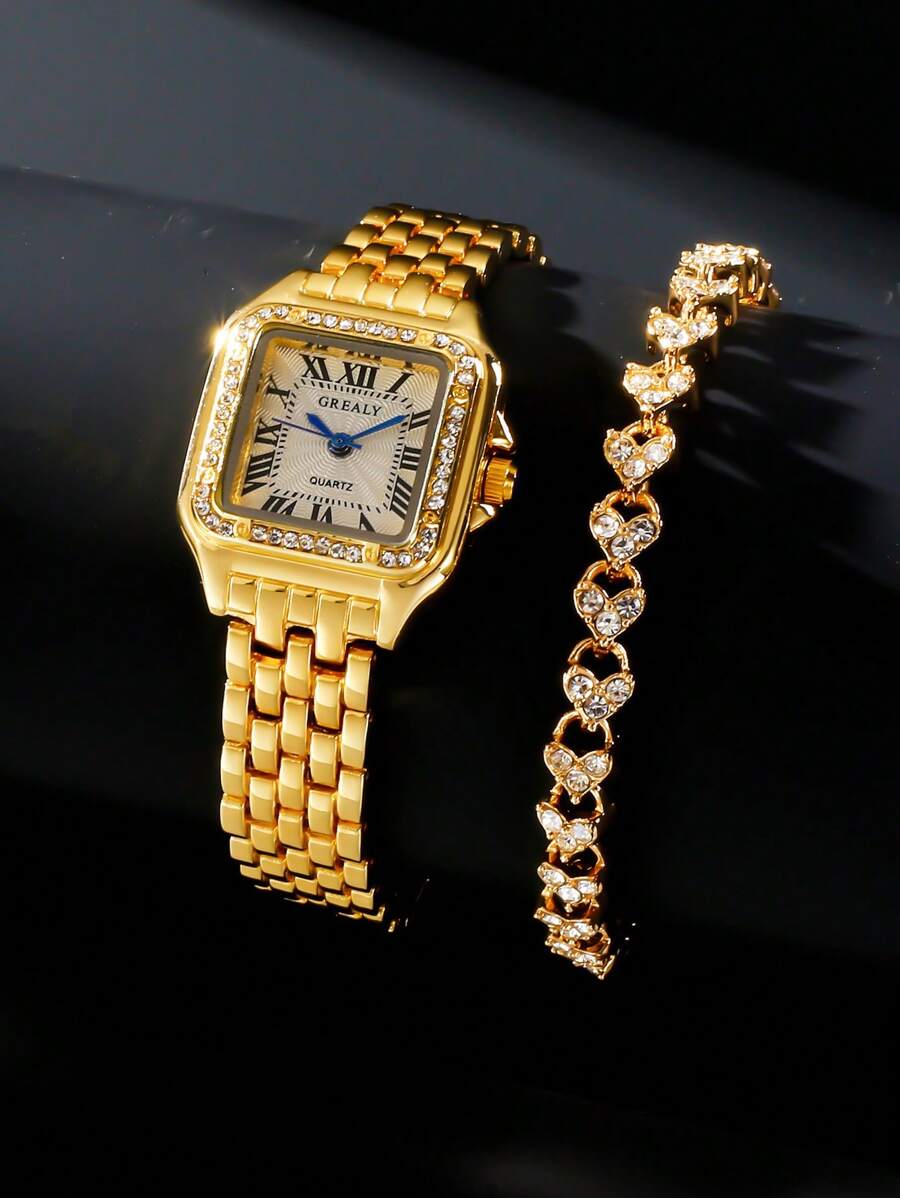 1入組女士金色鋅合金錶帶時尚方形錶盤石英手錶和1入組水鑽裝飾手鍊，用於日常裝飾 - 金色 - 查看 1