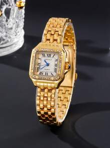 1入組女士金色鋅合金錶帶時尚方形錶盤石英手錶和1入組水鑽裝飾手鍊，用於日常裝飾 - 金色 - 查看 2